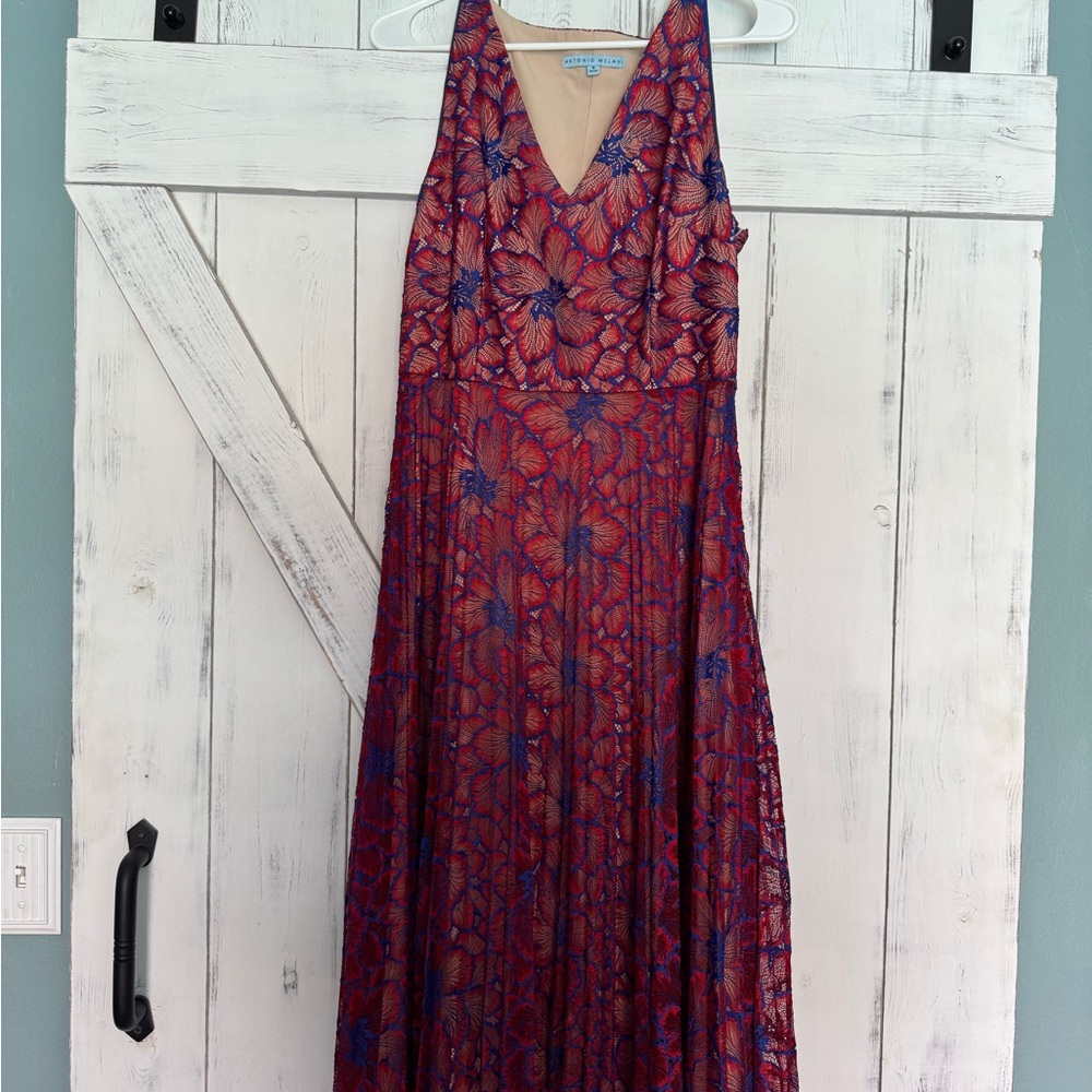 ANTONIO MELANI Red and Blue Pleated Midi Sundress